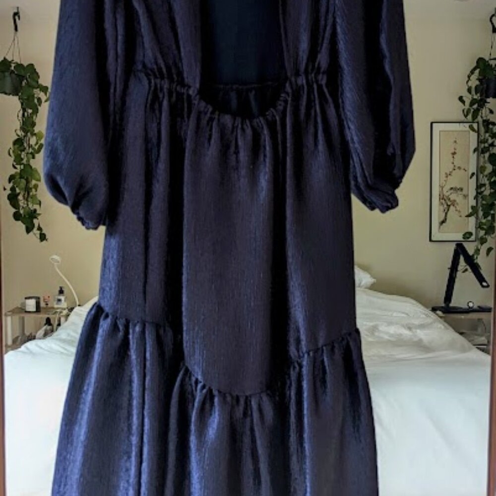 Topshop Premium Textured Jacquard Midi Dress Navy Blue Tiered Size 4 - Picture 4 of 11